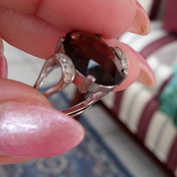 New-Smokey Quartz & White Topaz 925 SS Ring - Picture 8 of 13
